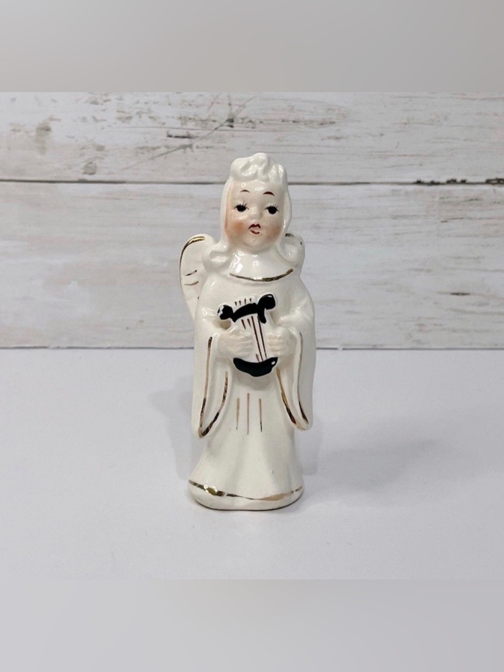 Vintage White Singing Angel Gold Trim Porcelain Figurine
